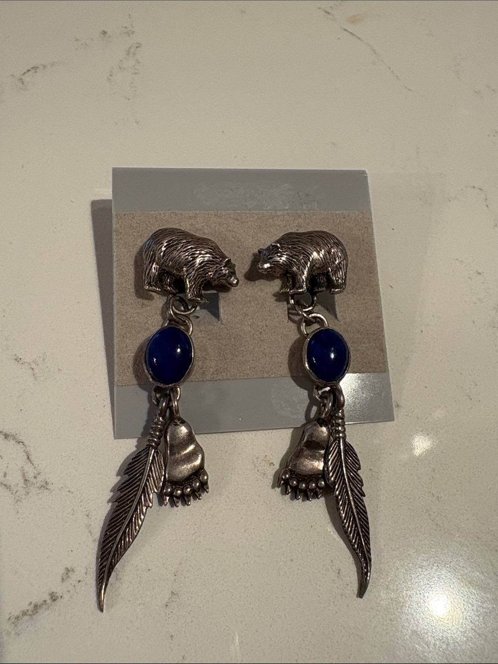 Sterling silver Drop Earrings with Blue Stone and Feather Charm